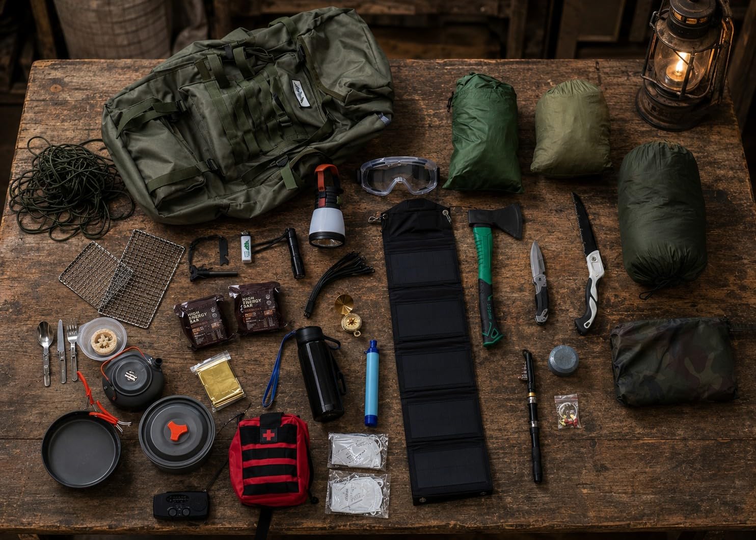 Kit de Survie XXL Sac à Dos et Bivouac Autonome | Équipement Multi-outils, Hamac avec Moustiquaire, Panneau Solaire Inclus, Trousse de Premiers Secours, Cuisine de Camping