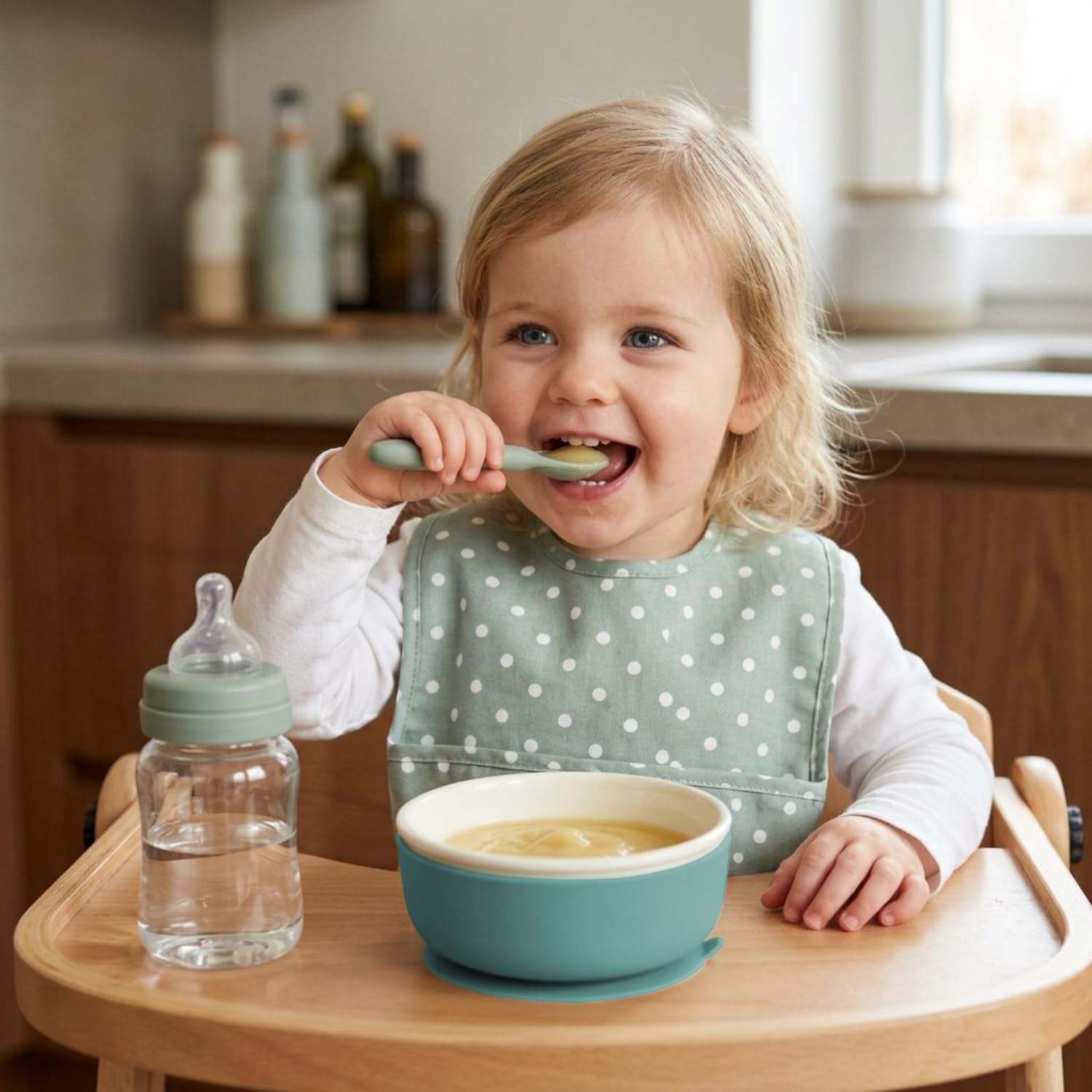 Set aus 1 x Kinderschüssel/Babyschüssel und 1 x segmentiertem Kinderteller (dunkelgrün); Porzellan mit Schutz aus Sillikon und Saugnäpfen; ideal auch für Camping, Wohnmobil und Boot