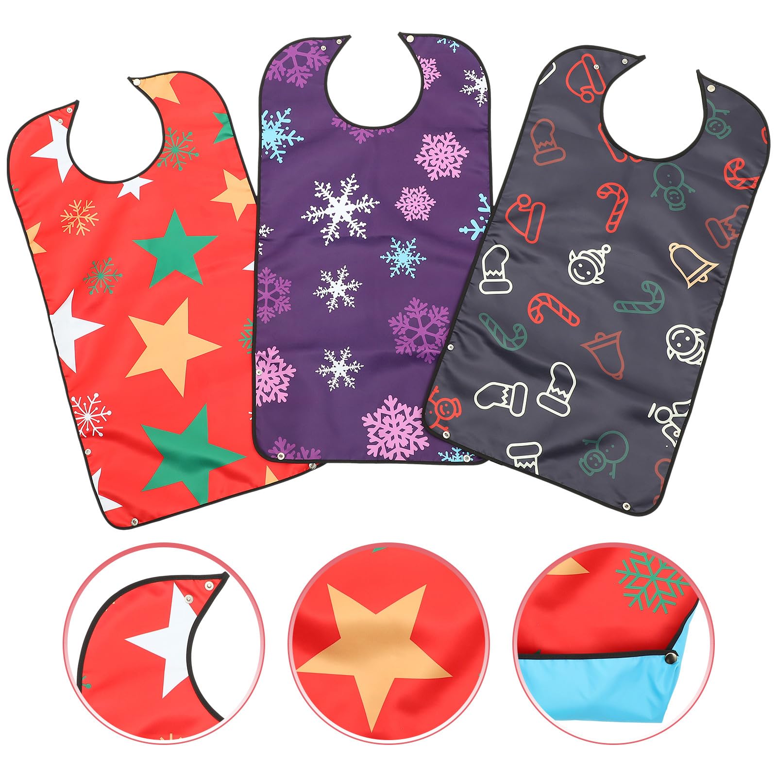 HANABASS 3 Stück pack Bedrucktes Weihnachts Lätzchen für Erwachsene aus Polyester und Pu Verstellbar und Waschbar für Senioren Beim Täglichen Essen und Schutz der Kleidung