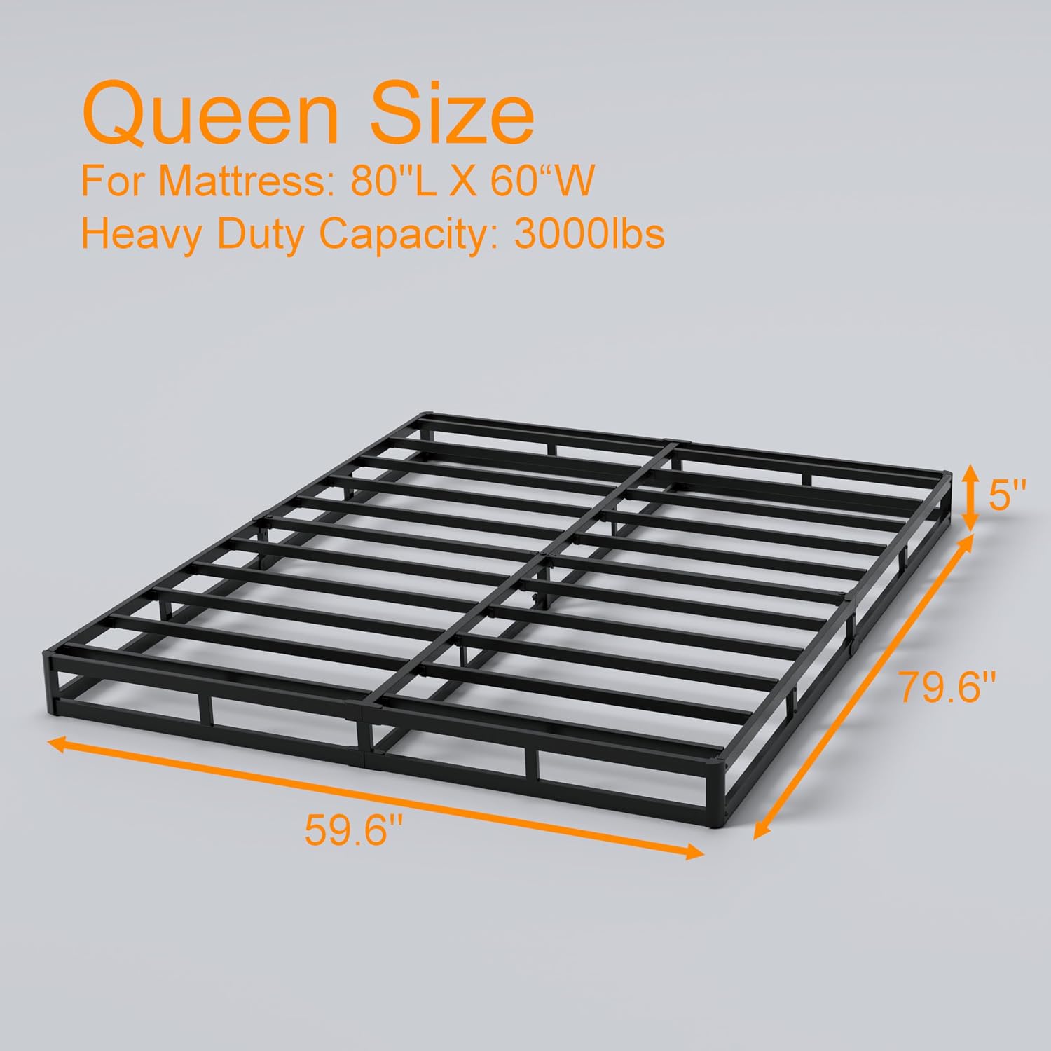 5 Inch Queen Bed Box Spring, 3000lbs Heavy Duty Box Spring Queen Size Bed Base Metal Mattress Foundation, Easy Assembly, Noise Free 5 Inch High Queen