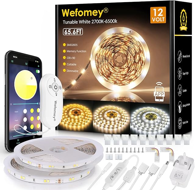 Wefomey 20M LED Strip Light with Remote & APP Control, Warm White to Cool White 2700K-6500K Dimmable LED Tape, Ultra Brighter 1200 LEDs Flexible LED Lights for Bedroom Kitchen Under Cabinet