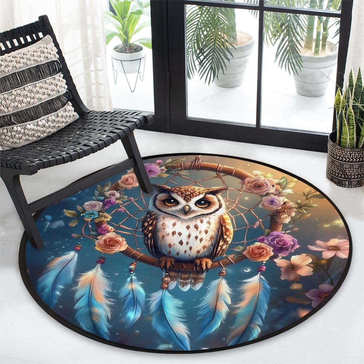 Traumfänger-Teppich, rund, waschbar, Gaming-Teppich für Schlafzimmer, Wohnzimmer, Arbeitszimmer, Bodenmatte, 160 cm