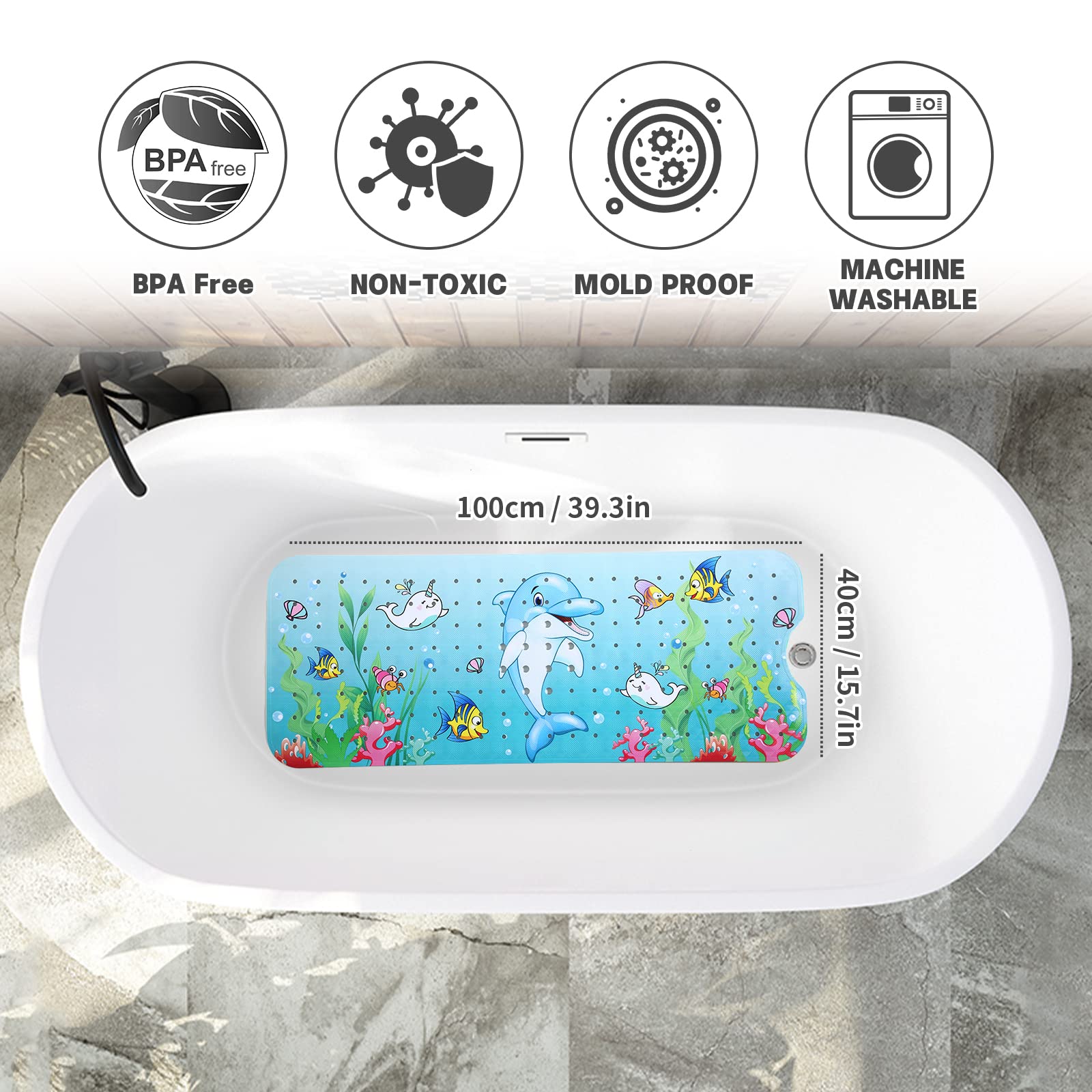 Tappeto Doccia Antiscivolo 100x40 Cm - Con Ventose, Lavabile, Senza BPA, Blu - Foto 3