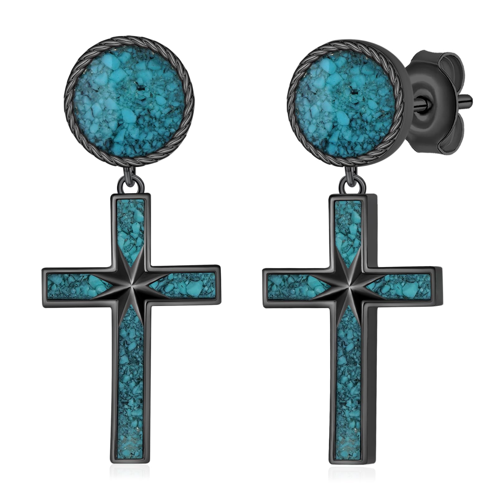 Pendientes de cruz negra de plata de ley 925 con turquesa, aretes colgantes de cruz para mujeres y hombres