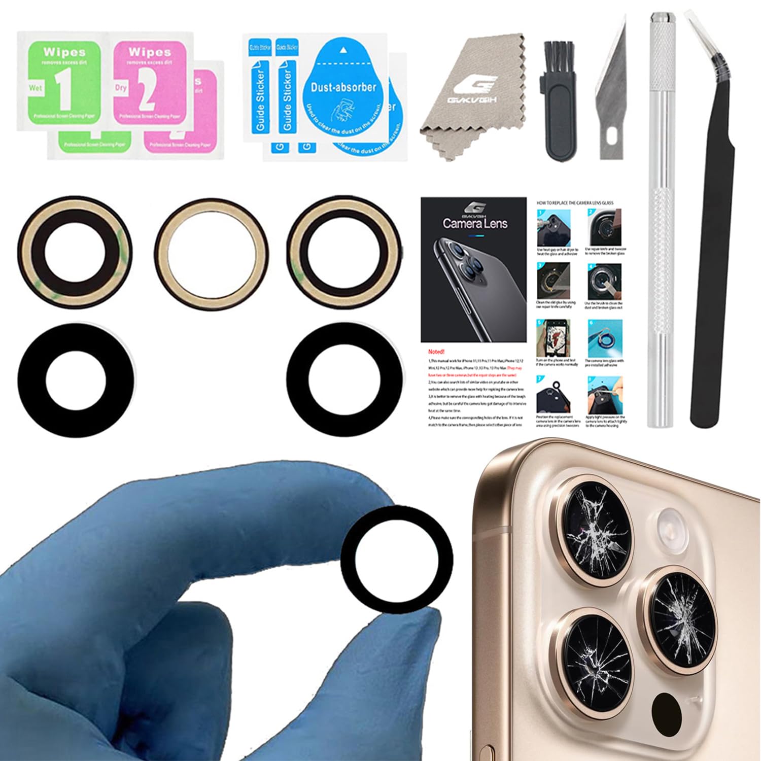Rear Camera Lens Covers Replacement for iPhone 16Pro & 16Pro Max, GVKVGIH Back Camera Len Glass Replacement with Double-Sided Adhesive & Repair Tool