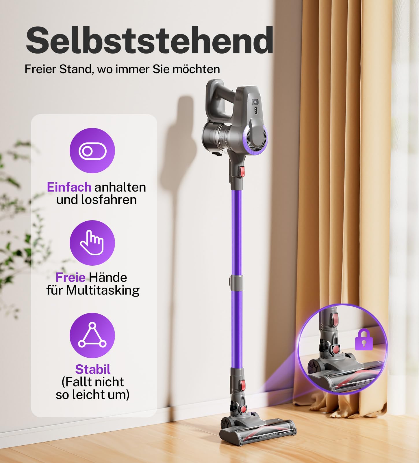 Akku Staubsauger, 30000Pa/55Min Staubsauger Kabellos, Anti-Tangle-Bürste und Selbststehend, Ultraleichter Handstaubsauger akku vacuum cleaner Stielstaubsauger für Teppichen, Hartboden, Tierhaare