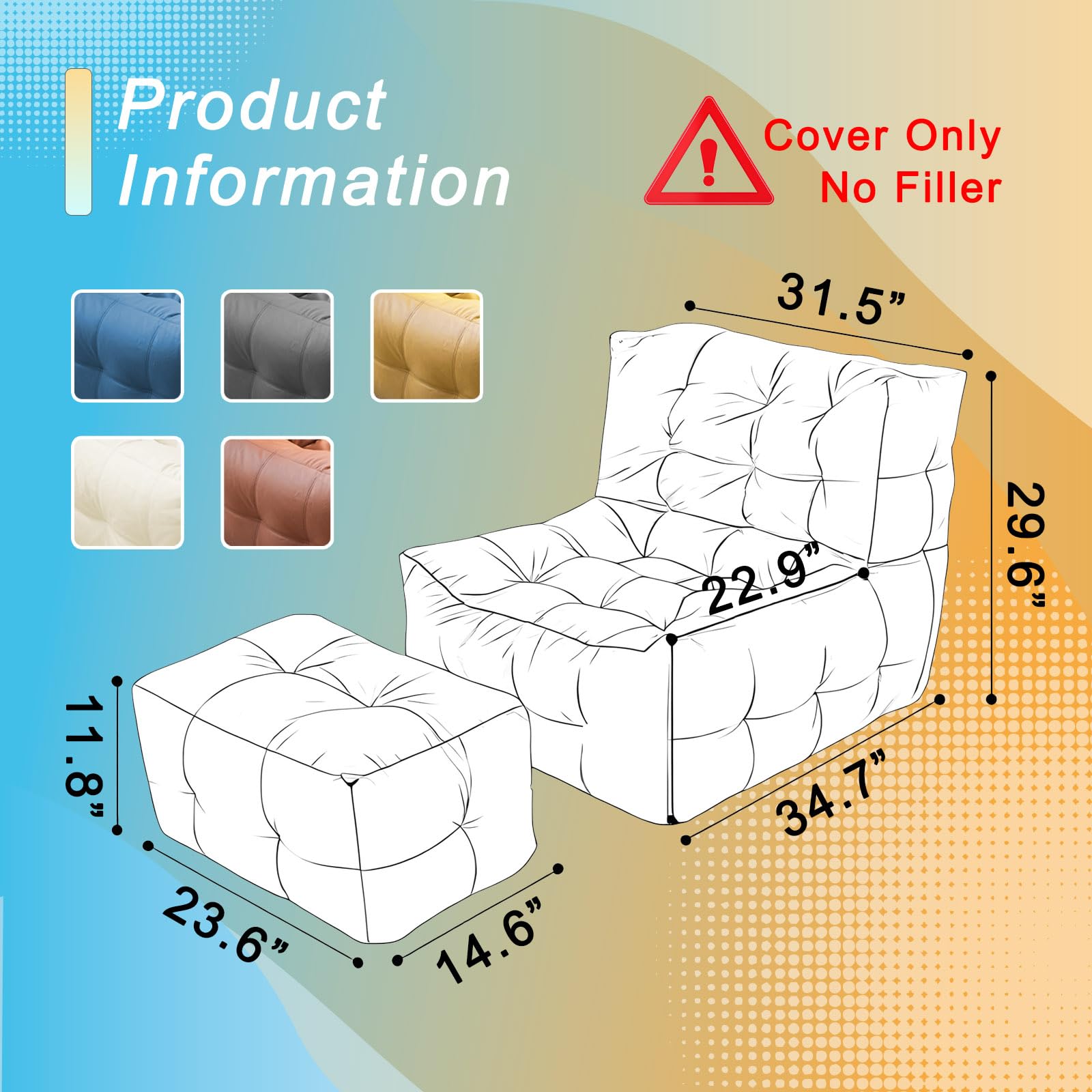 Bean Bag Chairs for Adults, (No Filler) Big Bean Bag Cover Lounger Chairs, Waterproof Bean Bag Lazy Sofa for Living Room, Bedroom or Balcony (Gray)