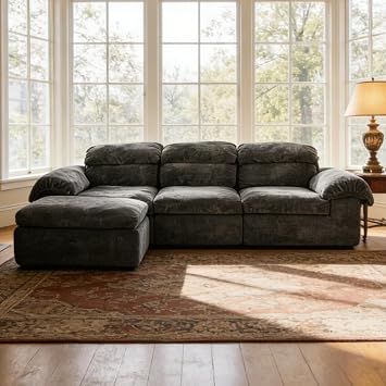 RKJ Modular Sectional Sofa, 115" L-Shaped Cloud Couch with Deep Seat, Fluffy Upholstered Sofa with Chaise & Ottoman, Boneless Couch for Living Room Bedroom, No Assembly, Dark Grey