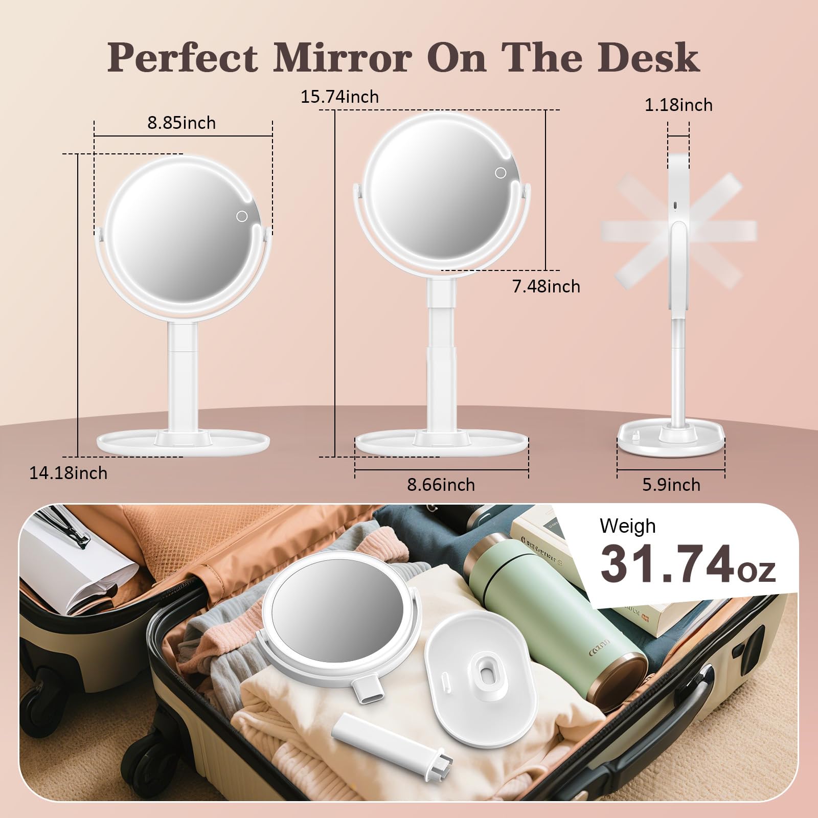 Espejo de maquillaje con luces, aumento 1X/15X con luz LED de 3 niveles, espejo de aumento recargable de 4000 mAh de 2 caras, espejo de escritorio de rotación de 360°, espejo de mesa de altura