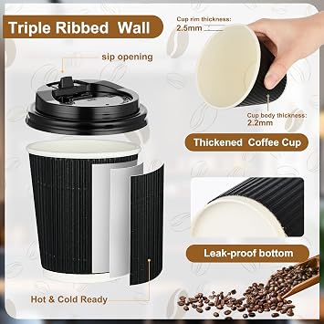 12oz 100 Pack Black Disposable Coffee Cups with Lids
