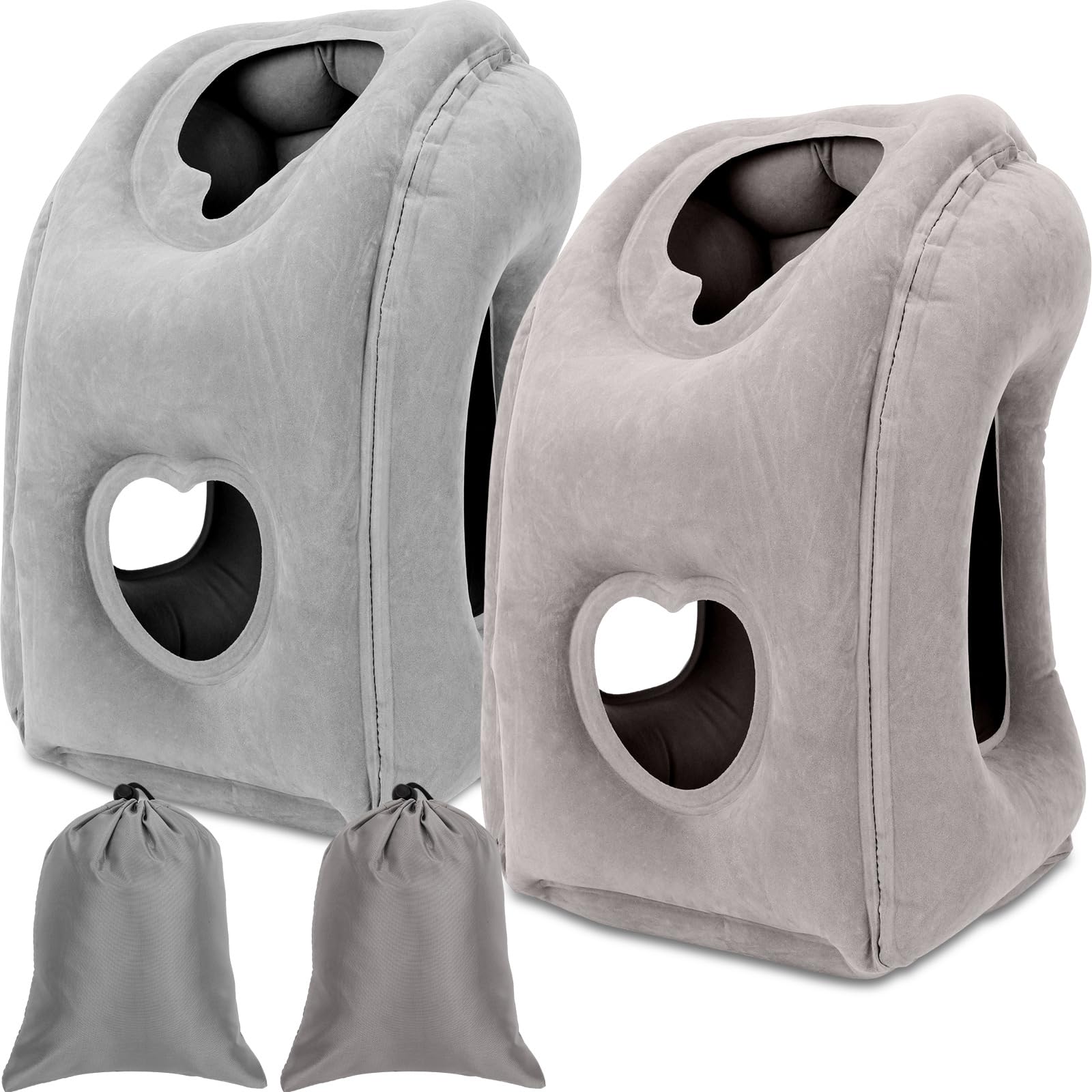2 Pack Inflatable Travel Pillow Inflatable Neck Pillow for Traveling Sleeping Bed Car Cushion Seat Airplane Pillow Supports Back Head and Lumbar with Portable Bag (Light Gray and Dark Gray)