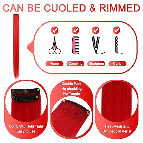 Miniatura 5 de 14 extensiones de cabello con clip de color rojo intenso, extensiones de cabello lacio con clip para mujer, multicolores con reflejos de fiesta