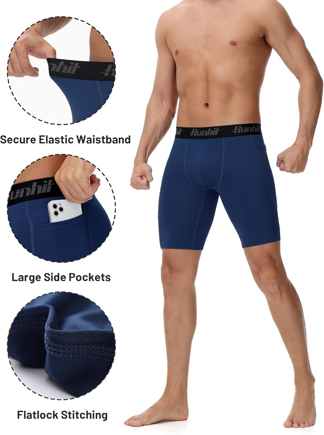 Runhit 2 Pack Mens Compression Shorts with Pockets 9" Performance Spandex Underwear Sport Athletic Workout Running Base Layer - Image 3