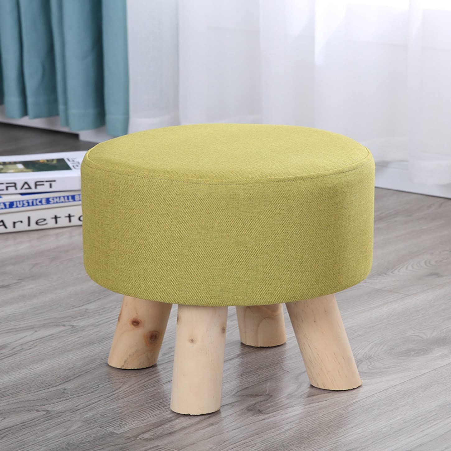 Fußhocker, rund, Ottoman, aus massivem Holz, 4 Beine, kleiner Stuhl, Hocker, Wechselschuhe, Fußstütze, Tritthocker, Schwammgepolstert, kleine Hocker (28 x 20 cm, blau)