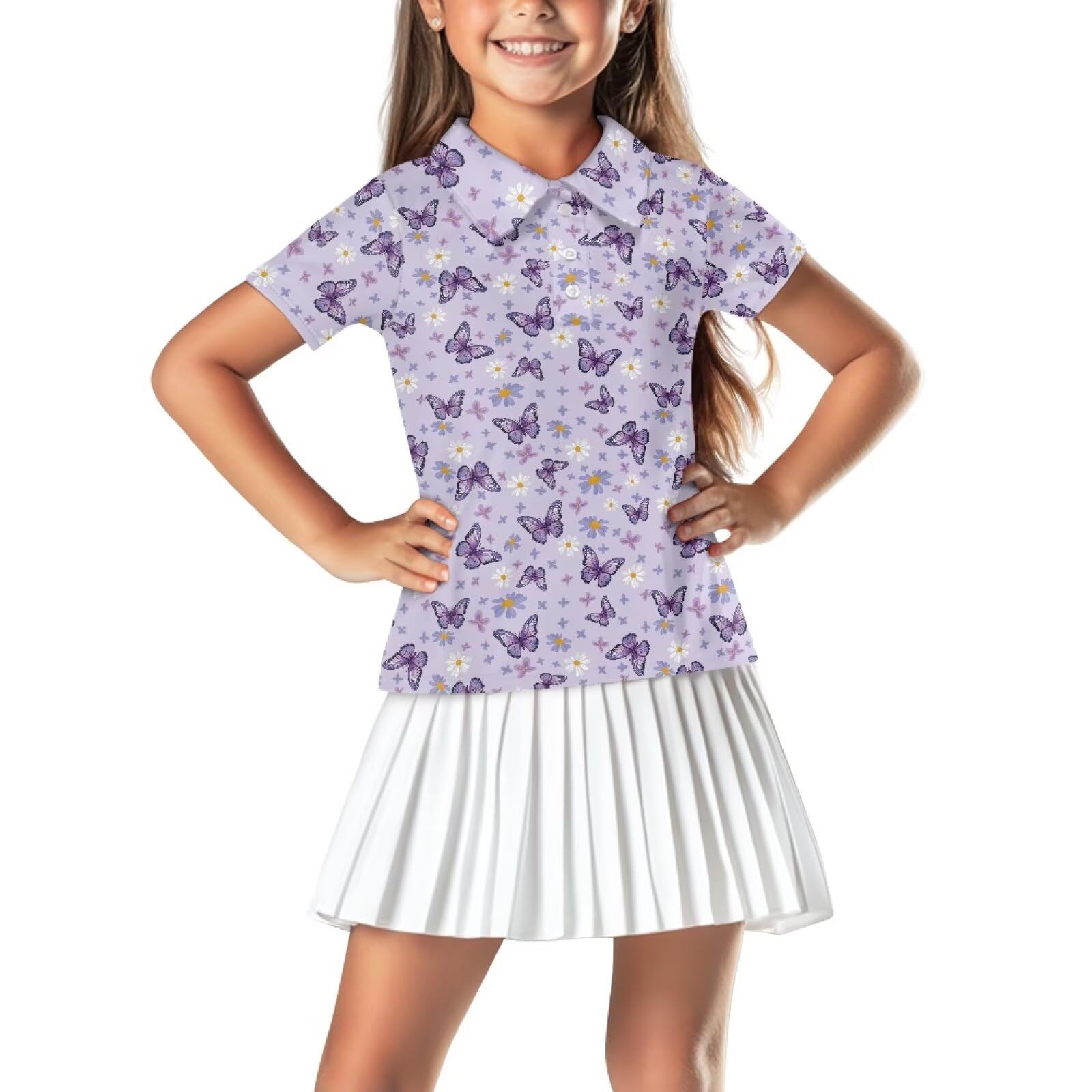 Girls Short Sleeve Golf Shirt 3 Button Up Lapel Collar Tennis Shirts Quick Dry Uniform Athletic Tank Tops for 5-14Y