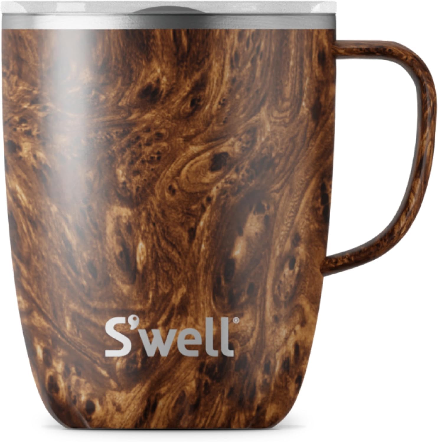 S'well - Stainless Steel Mug with Handle, Triple Layered Vacuum Insulated Containers Keeps Drinks Cold for 10 Hours and Hot for 3, BPA Free (12 oz, Teakwood)