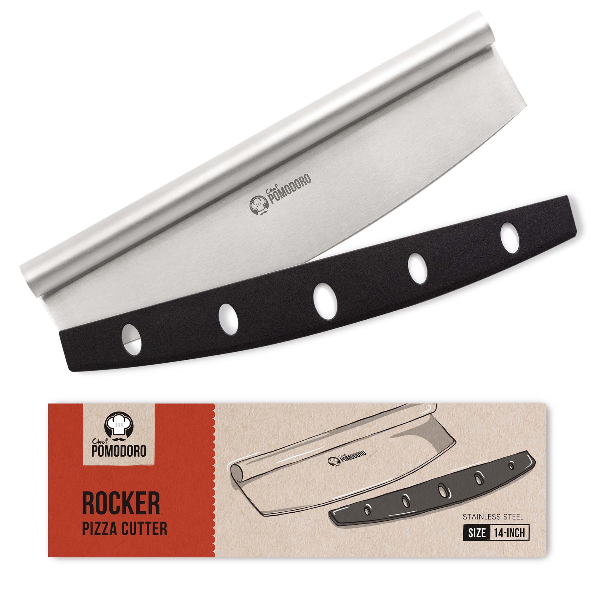 Chef Pomodoro Pizza Cutter Knife with Protective Case – Multipurpose Mezzaluna Pizza Cutter 35 cm with Super Sharp Stainless Steel Blade – Dishwasher Safe Half Moon Knife