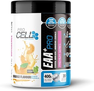 ProCell EAA+PRO | Aminoácidos Esenciales Premium con BCAA, Vitaminas y Calostro (400g / 20 servicios) - Sabor Naranja - Recuperador y Aumento de la Ma