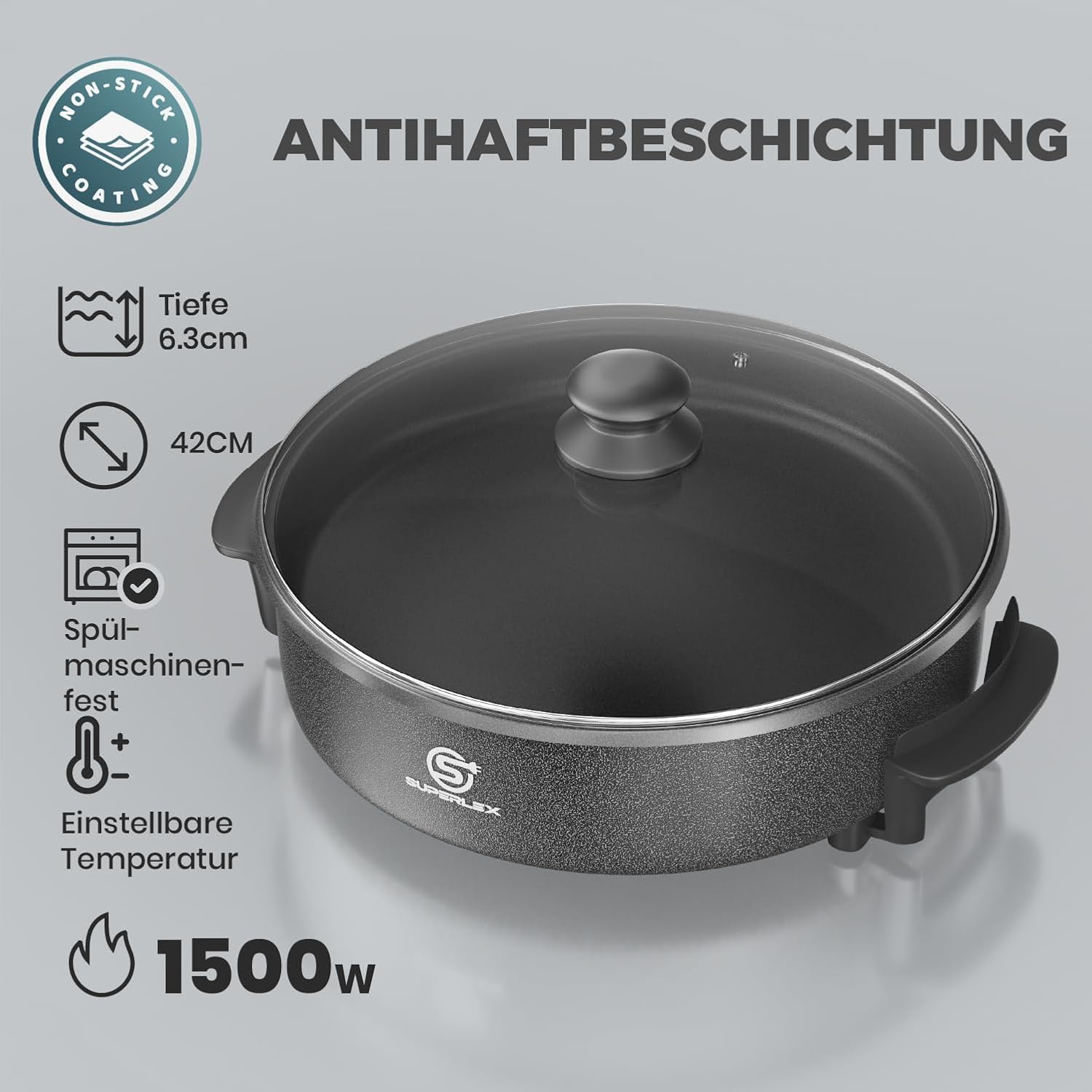 Diagram of SUPERLEX Electric Pan showing depth, diameter, and power