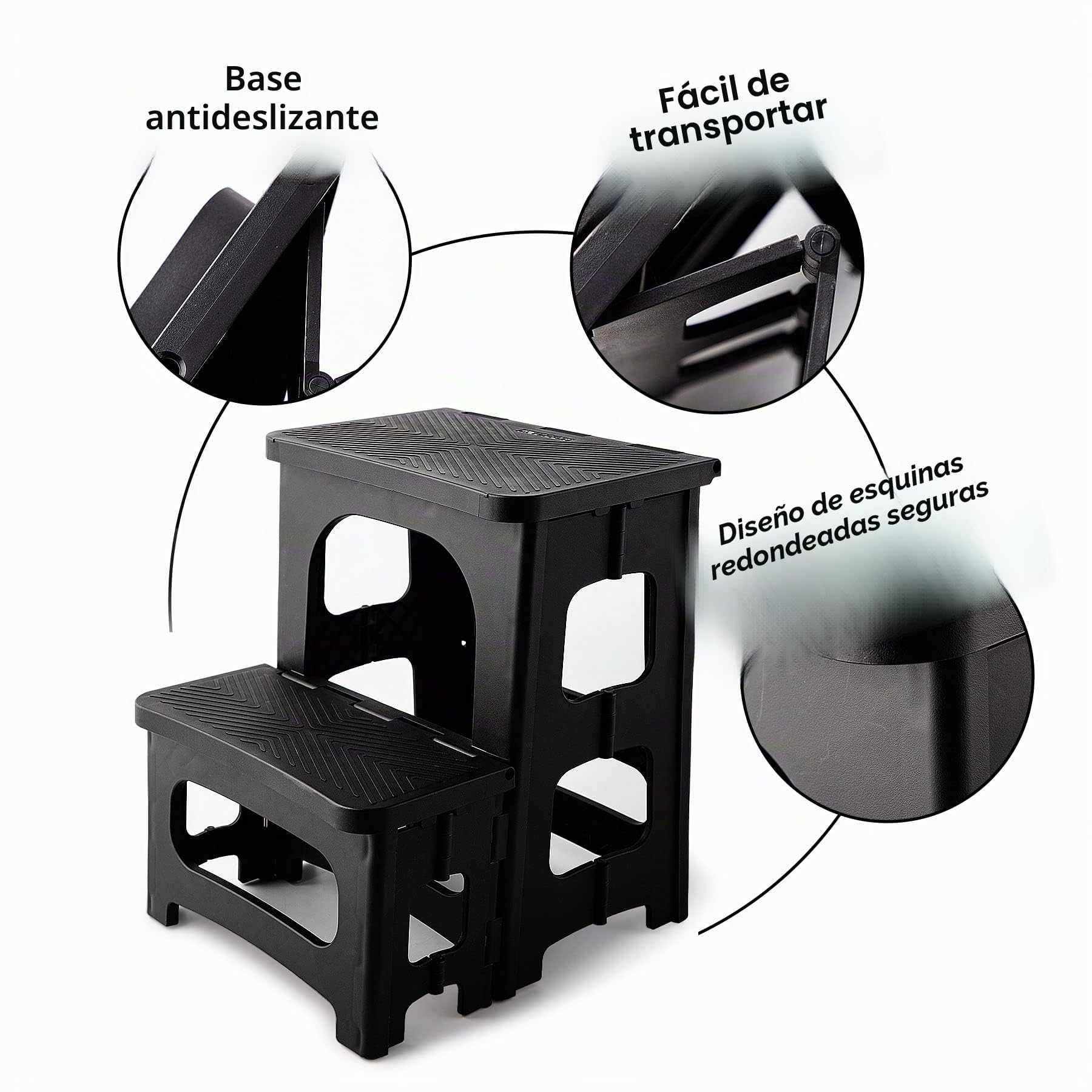 HuaCan Taburete Plegable de Doble Lado, Escalera Portátil de 2 Pasos, Plataforma Grande, Hasta 136kg, Negro