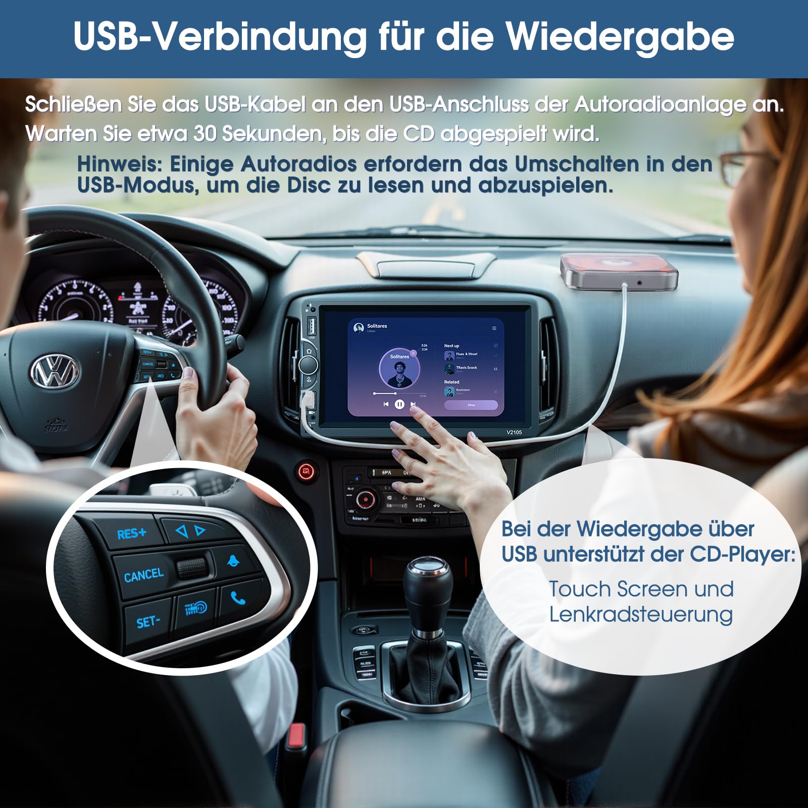 CD Player für Auto mit USB/AUX-Anschluss, CENXINY Externer CD-Player kompatibel mit Auto Radio, universeller Player fürs Fahrzeug, mit AUX-Kabel/USB-Verlängerungskabel