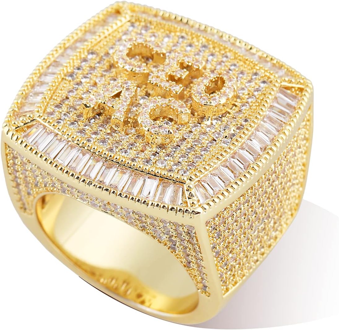 Custom Initial Letter Ring Iced Out Mens Bling Punk Ring Personalized Name Rings Luxury Cubic Zirconia Square Chunky Band 18K Gold Plated Hip Hop Jewelry for Men Women