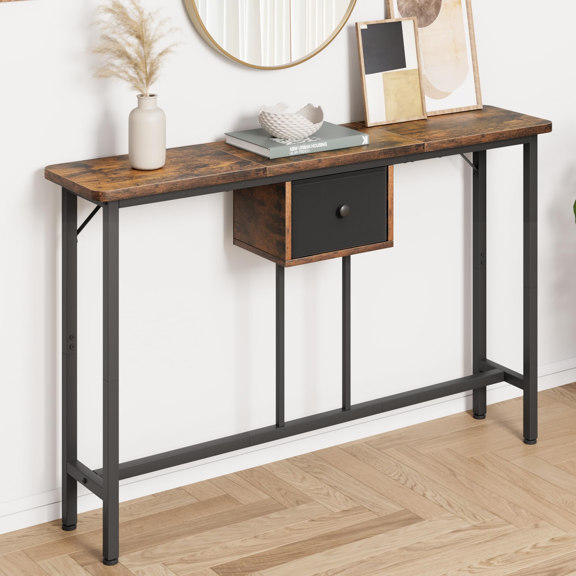 J-yaamiZz 43.3" L Sofa Console Table with Storage Drawer, 9.1" W Narrow Sofa Table Behind Couch, Skinny Hallway Entry Table for Foyer Living Room, 43.3"X9.1"x29.5", Brown