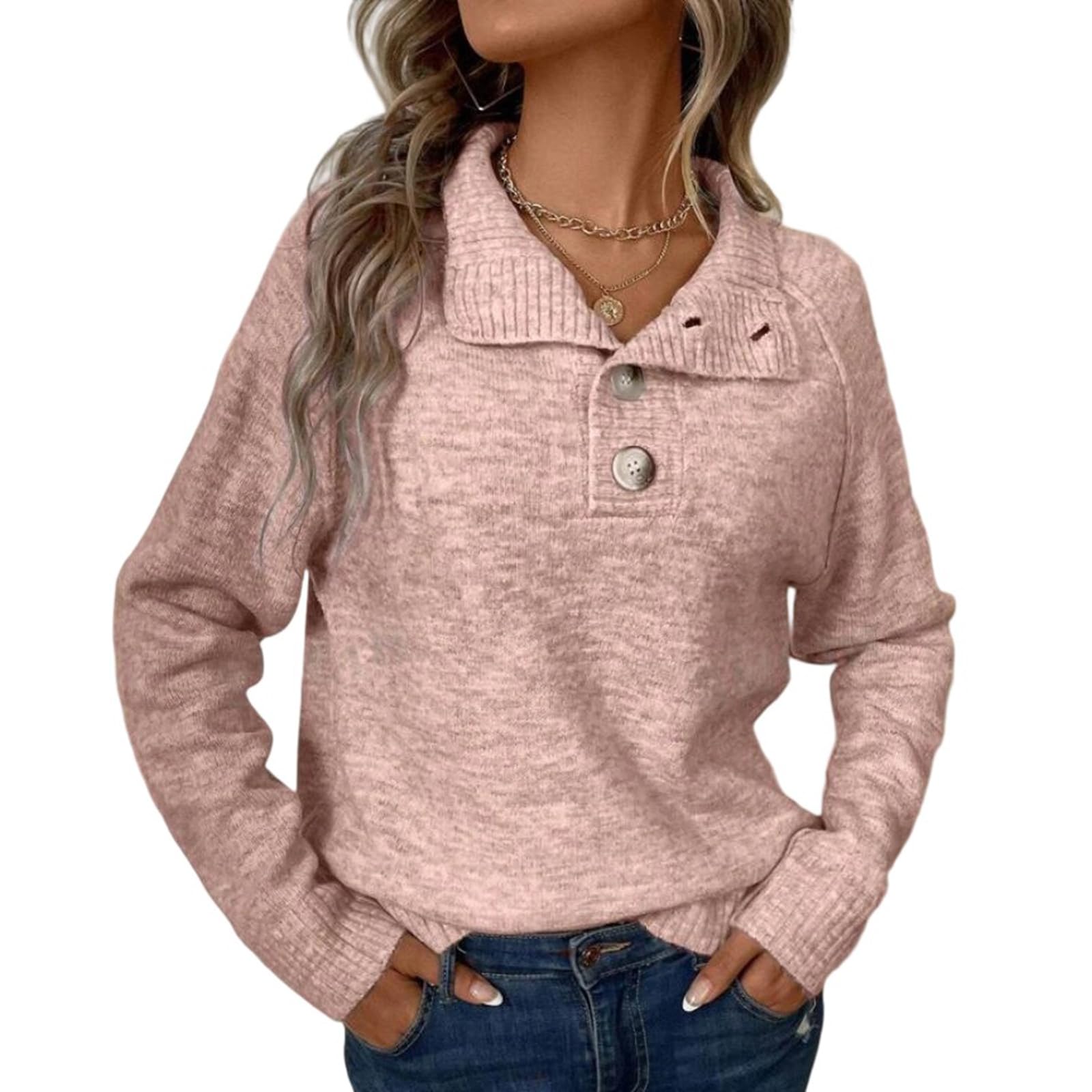 Sweaters for Women Lapel Neck Button Pullover Tops Soft Cozy Lightweight Knitted Warm Sweater S-XL
