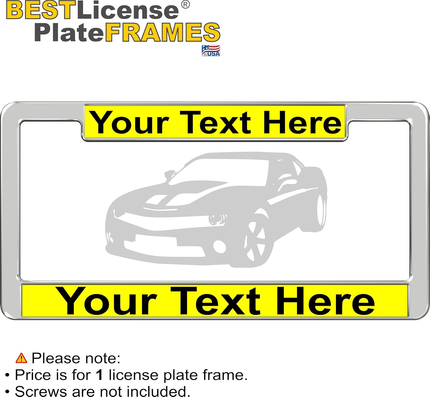 Premium Plastic Chrome Personalized with Custom Text Design Laser Engraved Standard Size - Car/Automobile License Plate Frame - Yellow/Black Text (Qty: 1 Frame)