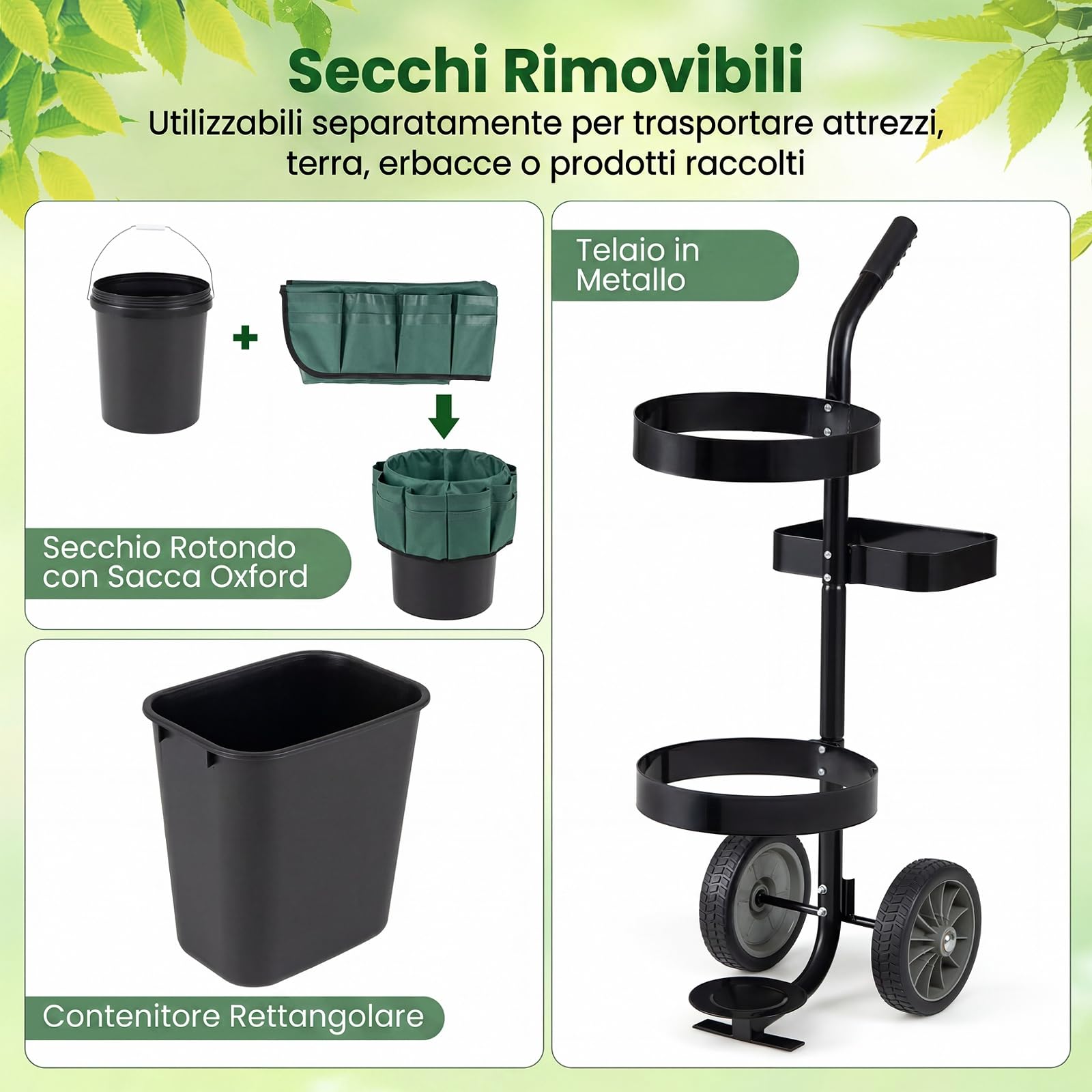 COSTWAY Carrello da Giardino a 2 Ruote, Carrellino da Esterno per Attrezzi da Giardinaggio con Borsa in in Tessuto Oxford, 20 L Secchio Rotondo e 10 L Contenitore Rettangolare Rimovibili