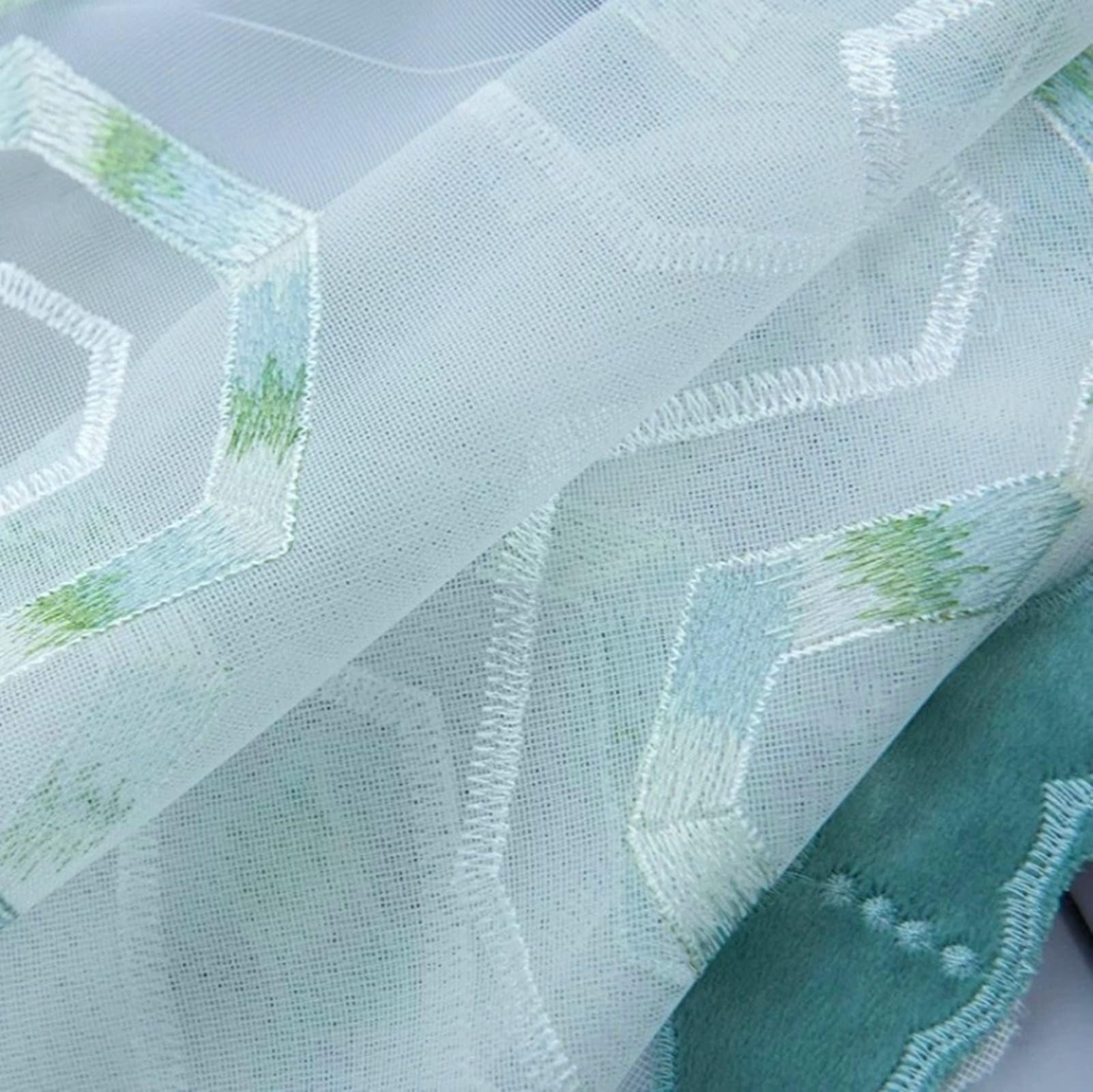 Wycian Accroche Rideau Rideau Bleu Voile 2 Panneaux Polyester Broderie Géométrique 132L x 244H cm