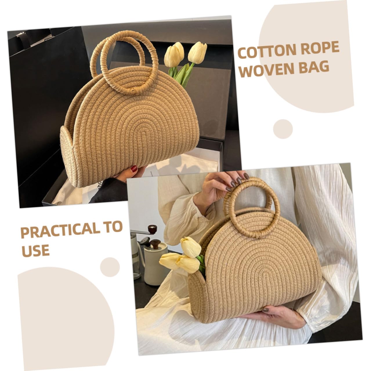 VILLCASE Borsa Intrecciata in Corda di Cotone per Donna, Grande Capacità, Stile Rustico, per Spiaggia e Picnic, Design Delicato e Resistente