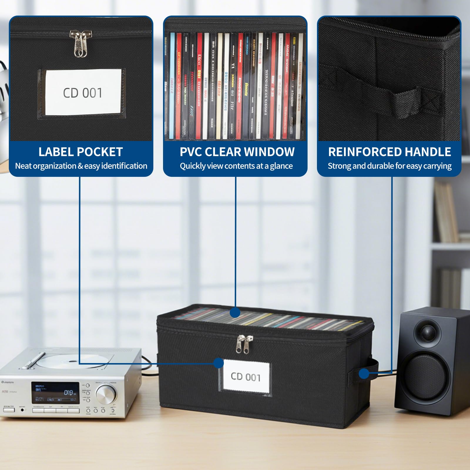 Confezione da 8 contenitori per CD in tessuto con coperchio in PVC trasparente, contiene 35 custodie standard per CD, chiusura a cerniera per protezione dalla polvere, organizer
