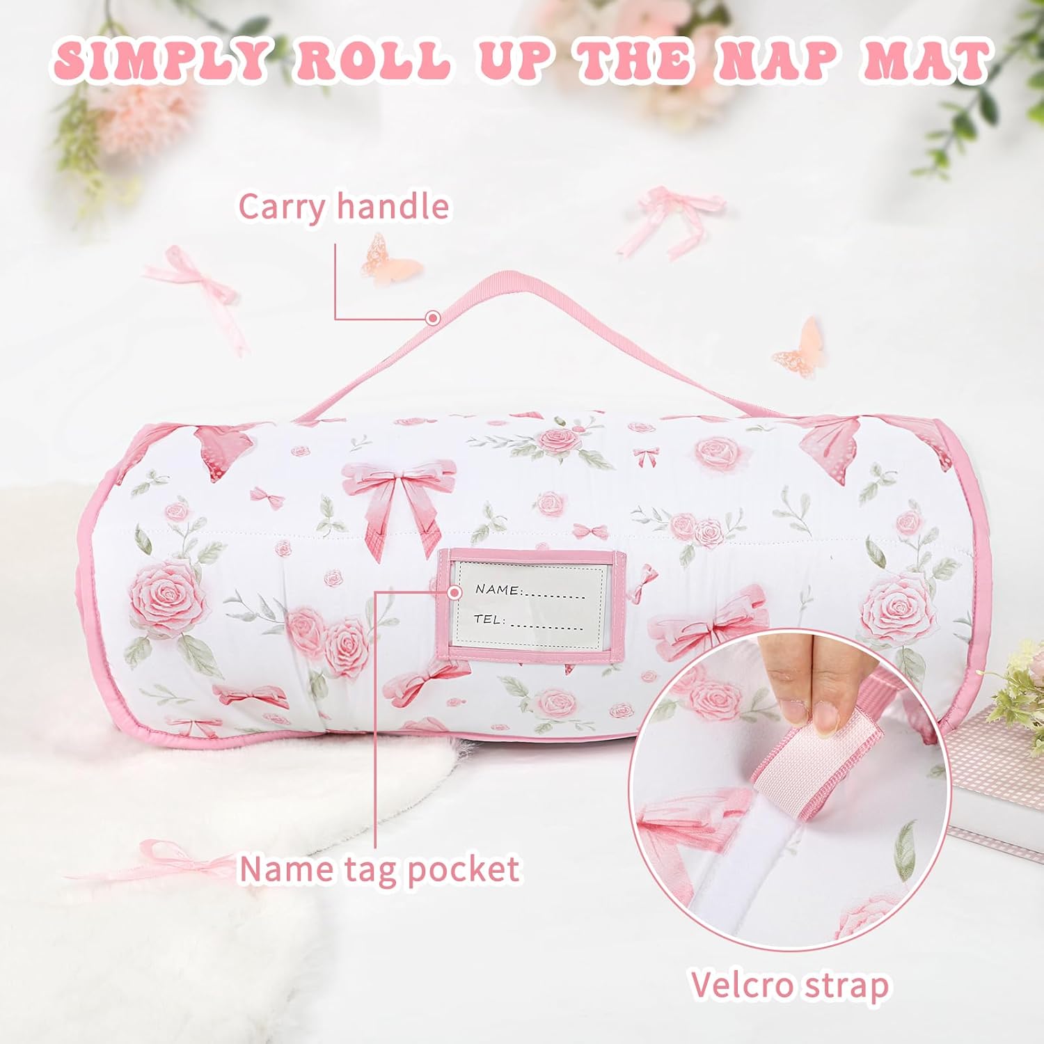 Toddler Nap Mat with Pillow and Plush Blanket, Kids Sleeping Bags for Preschool Daycare, Slumber Bags for Girls Boys Ages 3-7 Years, 55'' x 23'', Pink Rose