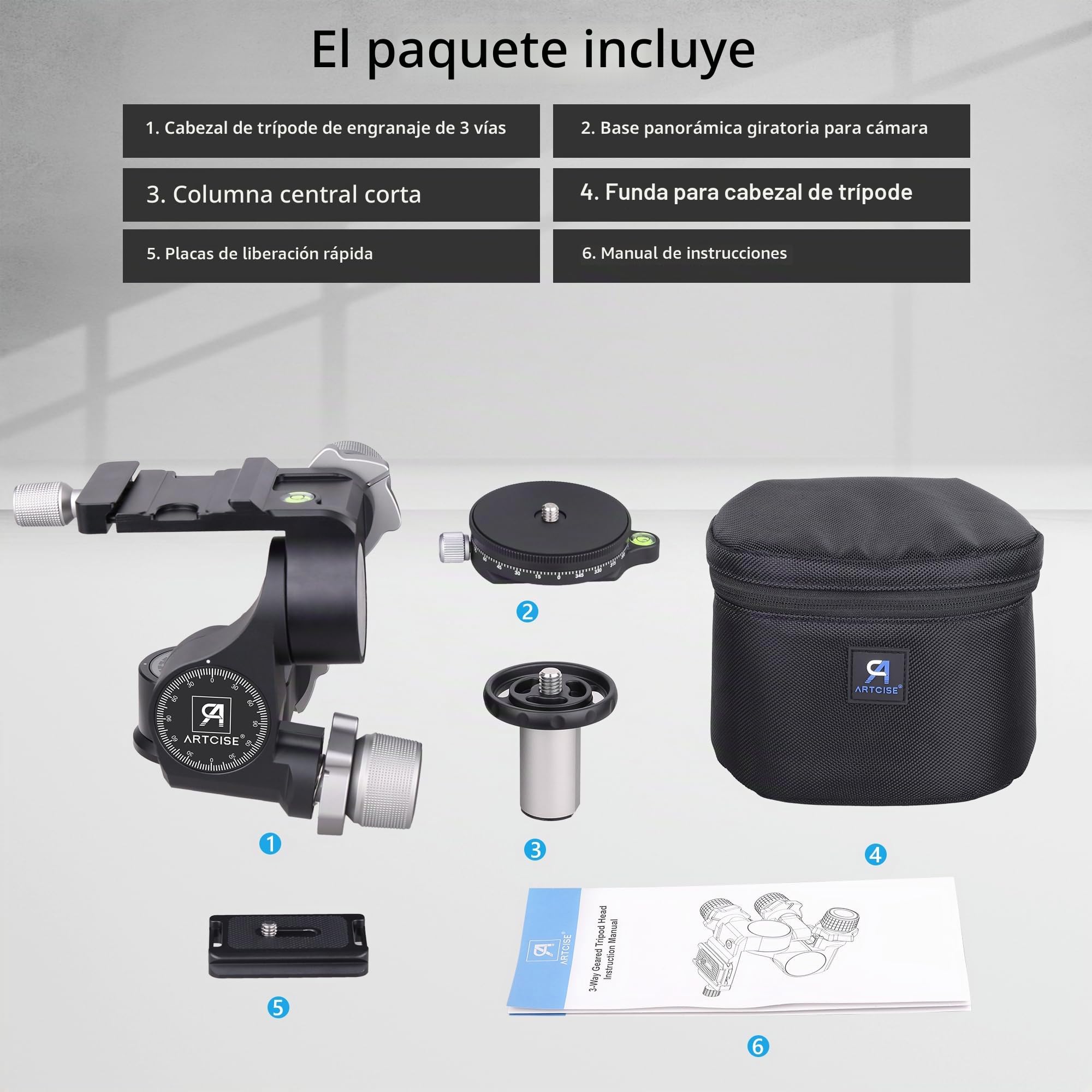 Cabezal de trípode con engranajes de 3 vías, cabezal de trípode con engranajes ARTCISE con placa QR tipo Arca y placa QR panorámica de tipo Arca de 360 °, microajuste milimétrico, carga máxima de 6 kg
