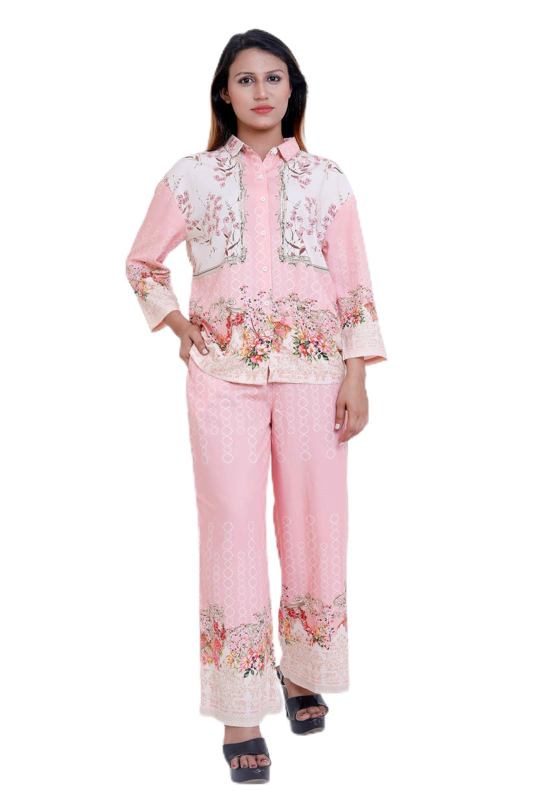 Women's Rayon Co-Ord Set | Soft Tropical Leaf Print Button-Down Top with Collar & Full Sleeves | Ombré Wide-Leg Palazzo Pants | Casual Resort Wear | W89-STFSP-CS-L.PNK-7_2XL-image-39