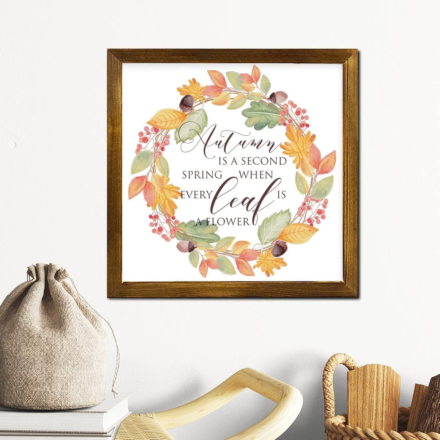 Autumn is A Second Spring Framed Wooden Signs Fall Maple Leaves Wreath Wooden Wall Sign Rustic Harvest Thanksgiving Wood Decor Farmhouse Wall Hanging Plaque for Home Bedroom Living Room 12x12 inch