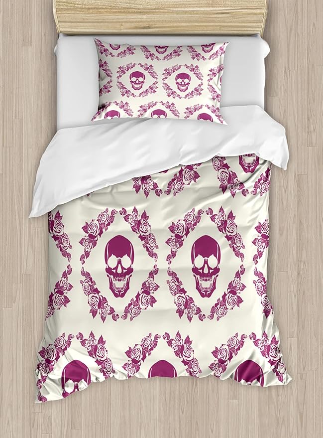 Ambesonne Sugar Skull Duvet Cover Set, Monochrome Style Calavera Inspired Surround by Circular Floral Wreath Print, Decorative 2 Piece Bedding Set with 1 Pillow Sham, Twin Size, Fuchsia Cream
