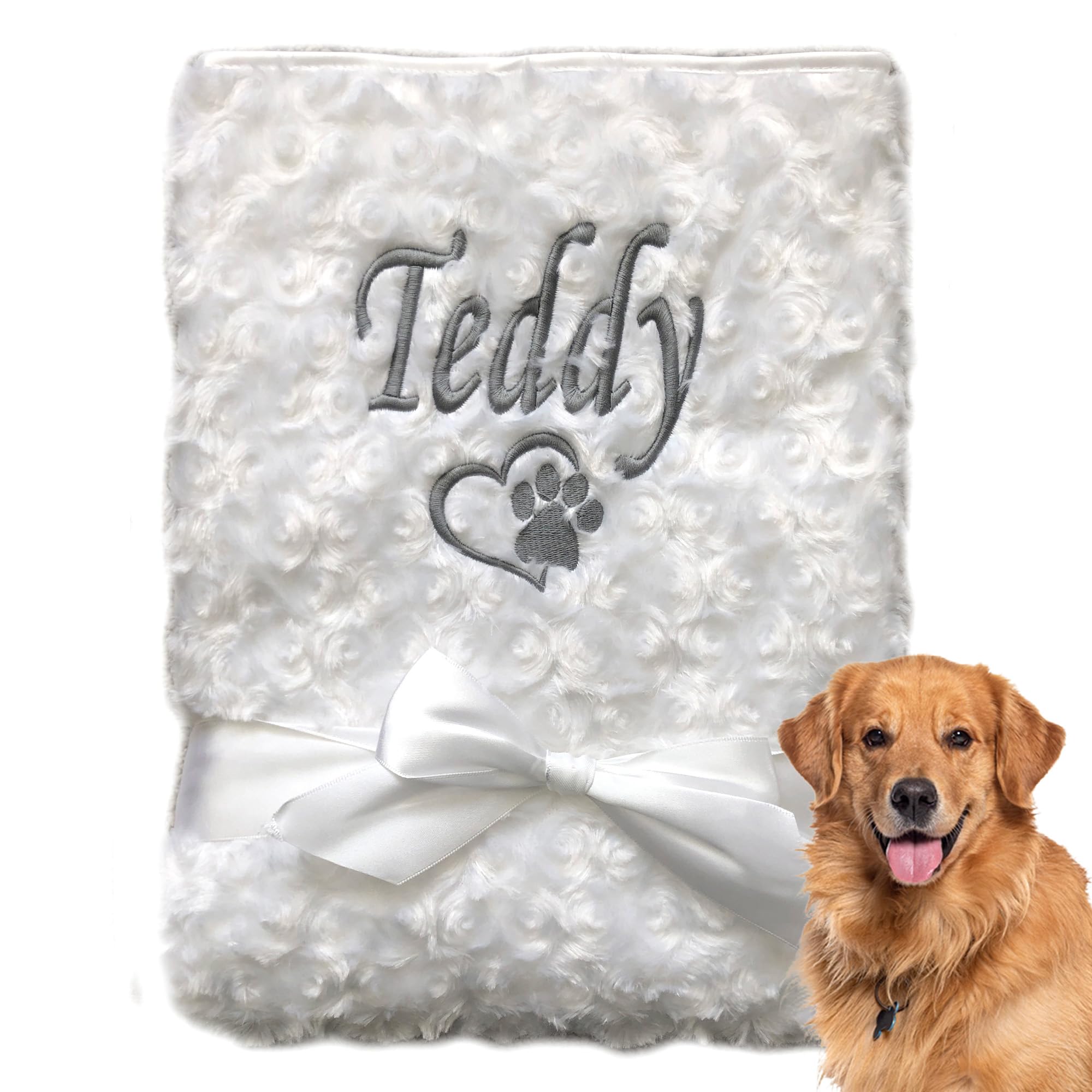 Alwaystrusted Personalised Pet Blanket Dog Cat Fleece Blanket Coral Fleece Backing Satin Trim - Double Layer - Embroidered (White)