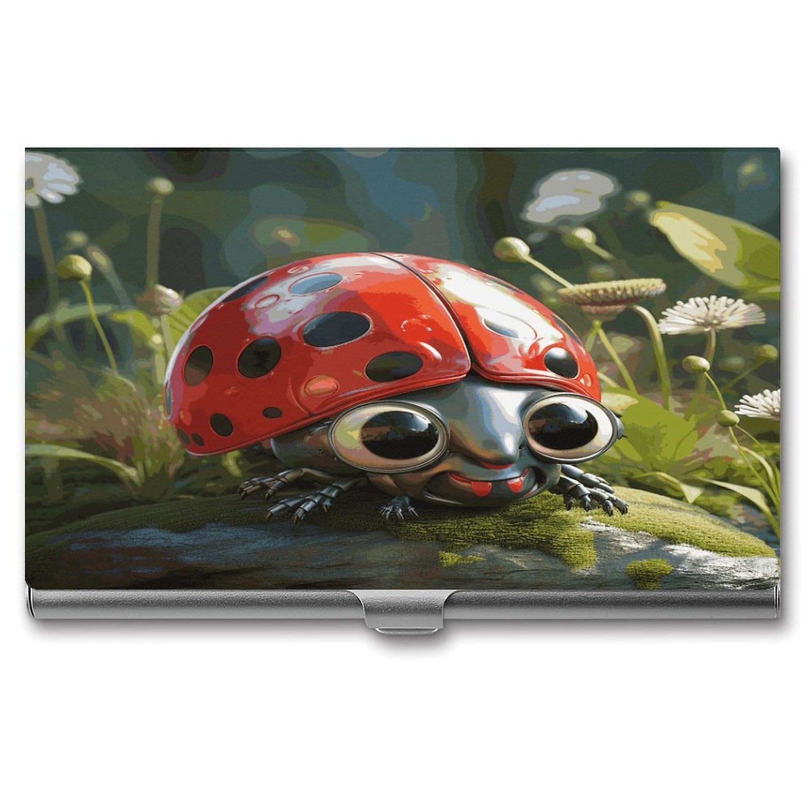 JTREHY Cartoon Ladybug Business Card Holder Slim Purse Name Card Holder Portable Metal Business Card Case Wallet Large Capacity Lightweight Business Card Case for Men Women