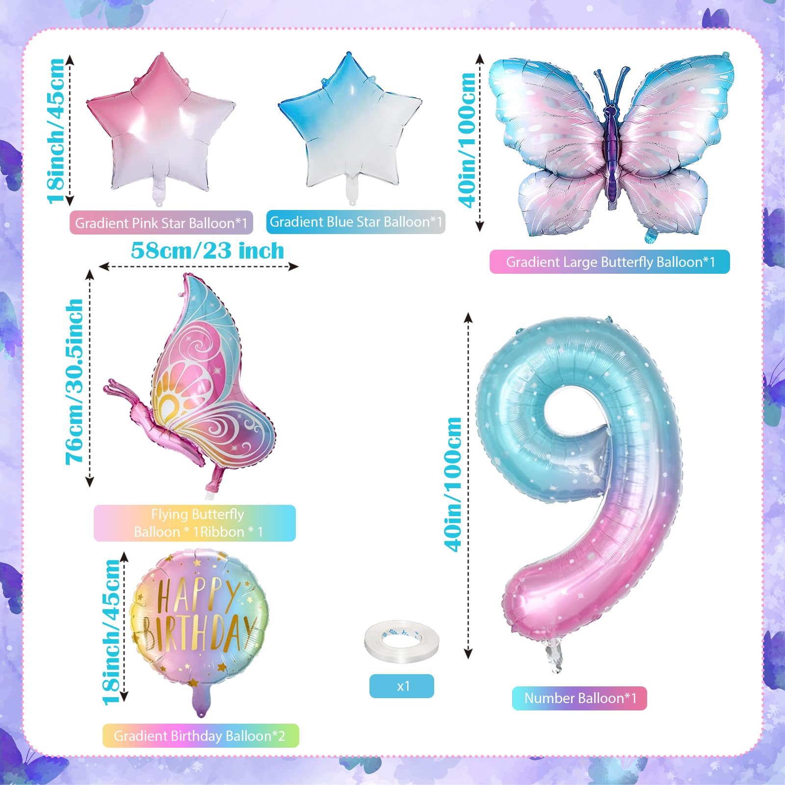Dokuna Purple Butterfly Birthday Decorations - 9 Pcs Giant Balloon Set With Number, Party Supplies For Girls Baby Shower - View #7