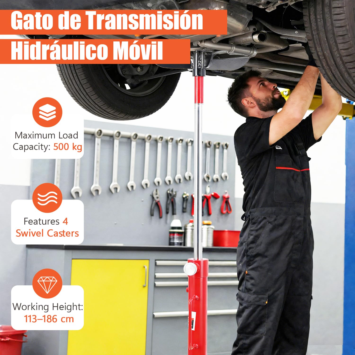 Gato de Transmisión Hidráulico Móvil hasta 500 KG Altura Elevación 113-186 cm Gato Elevador Hidraulico de Foso con Pedal para Motores