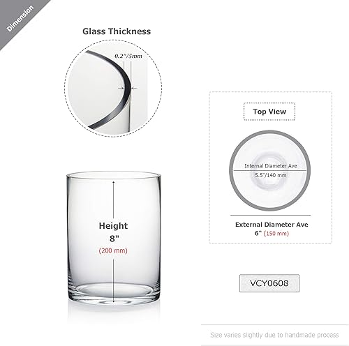 Miniatura 2 de WGV - Jarrón cilíndrico grueso de calidad, ancho de 6 pulgadas, altura de 8 pulgadas, contenedor de vidrio transparente para centro de mesa de boda,
