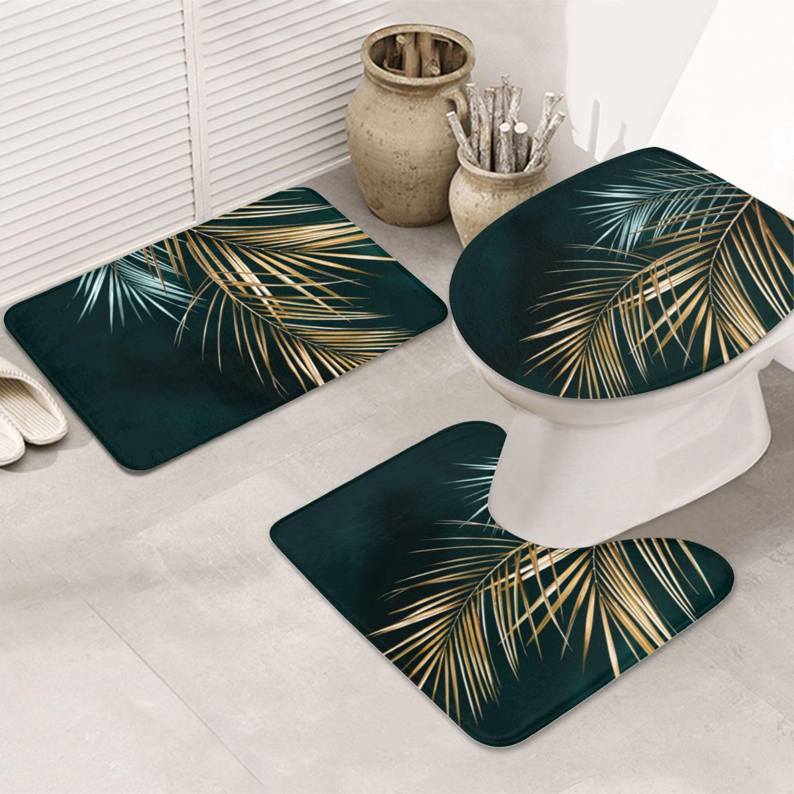 Tapis de bain en U OUSIKA motif feuilles dorées pour transformer l'ambiance de votre douche