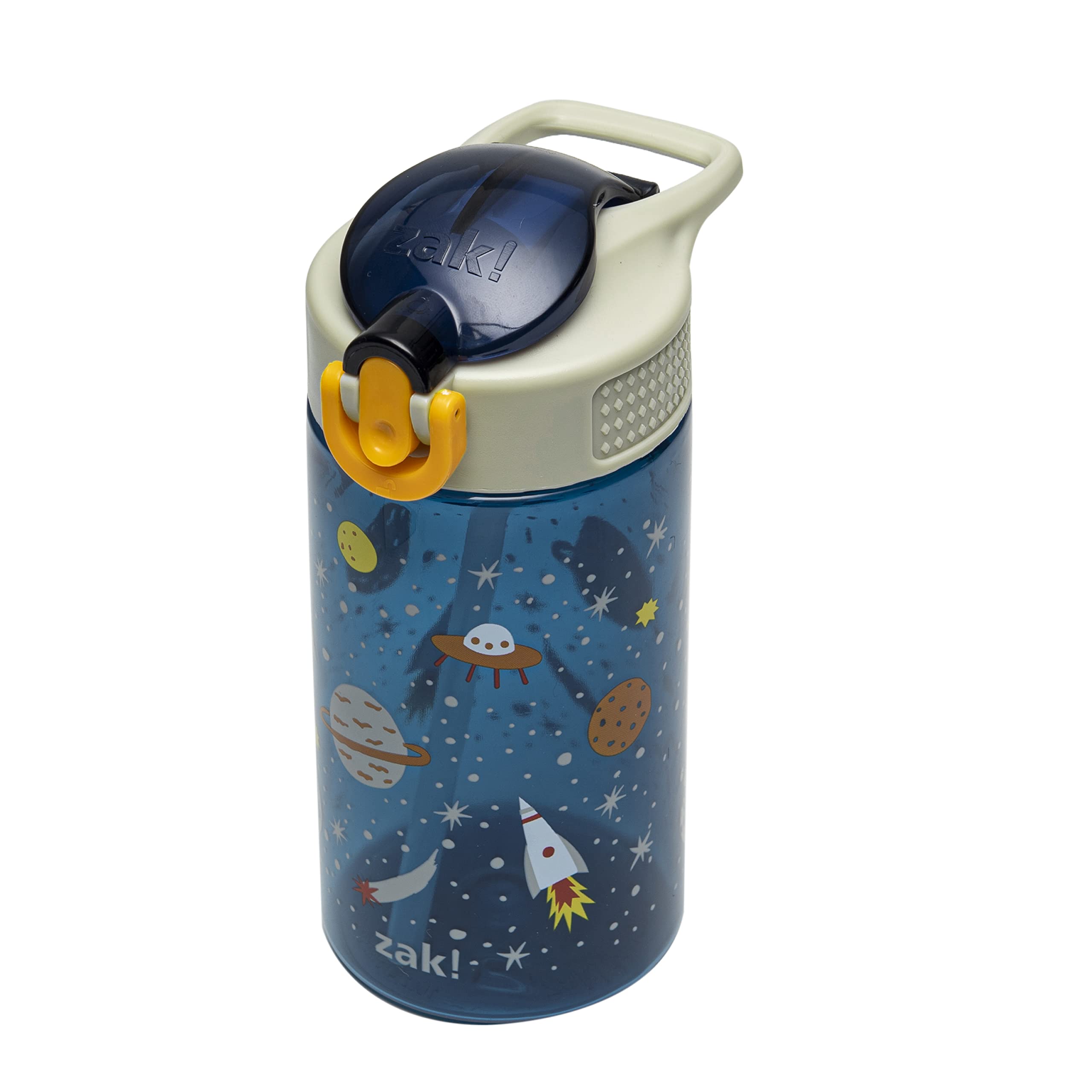 Zak Designs Botella de agua para niños para la escuela o viajes, botella de agua de plástico duradera de 16 onzas con pajilla, asa y a prueba de fugas, cubierta de boquilla desplegable (espacio)