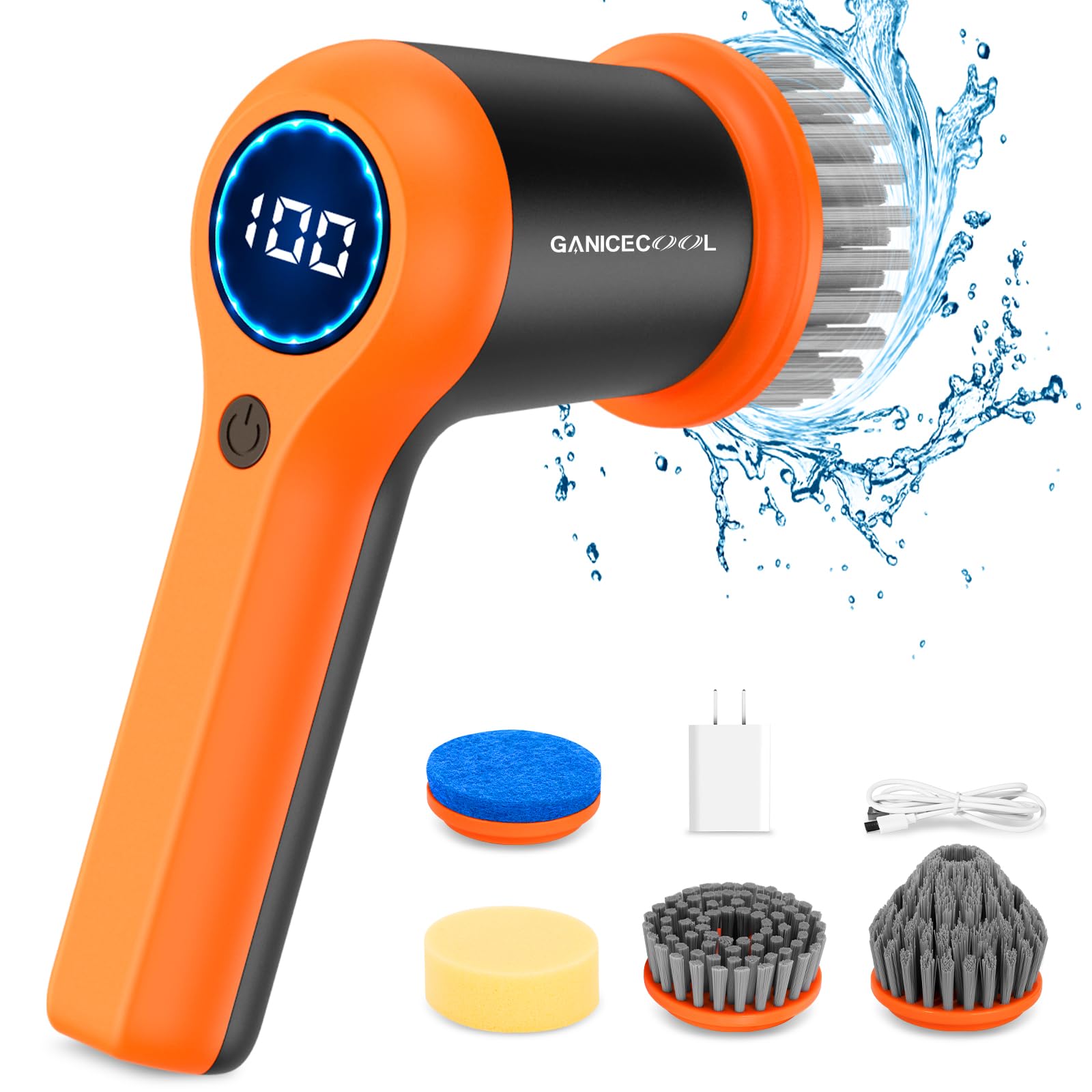 Electric Spin Scrubber, Cordless Electric Shower Scrubber with 4 Replaceable Shower Cleaning Brush Heads Rechargeable for Cleaning Tub,Tile,Floor, Sink, Window, Stove (Orange)