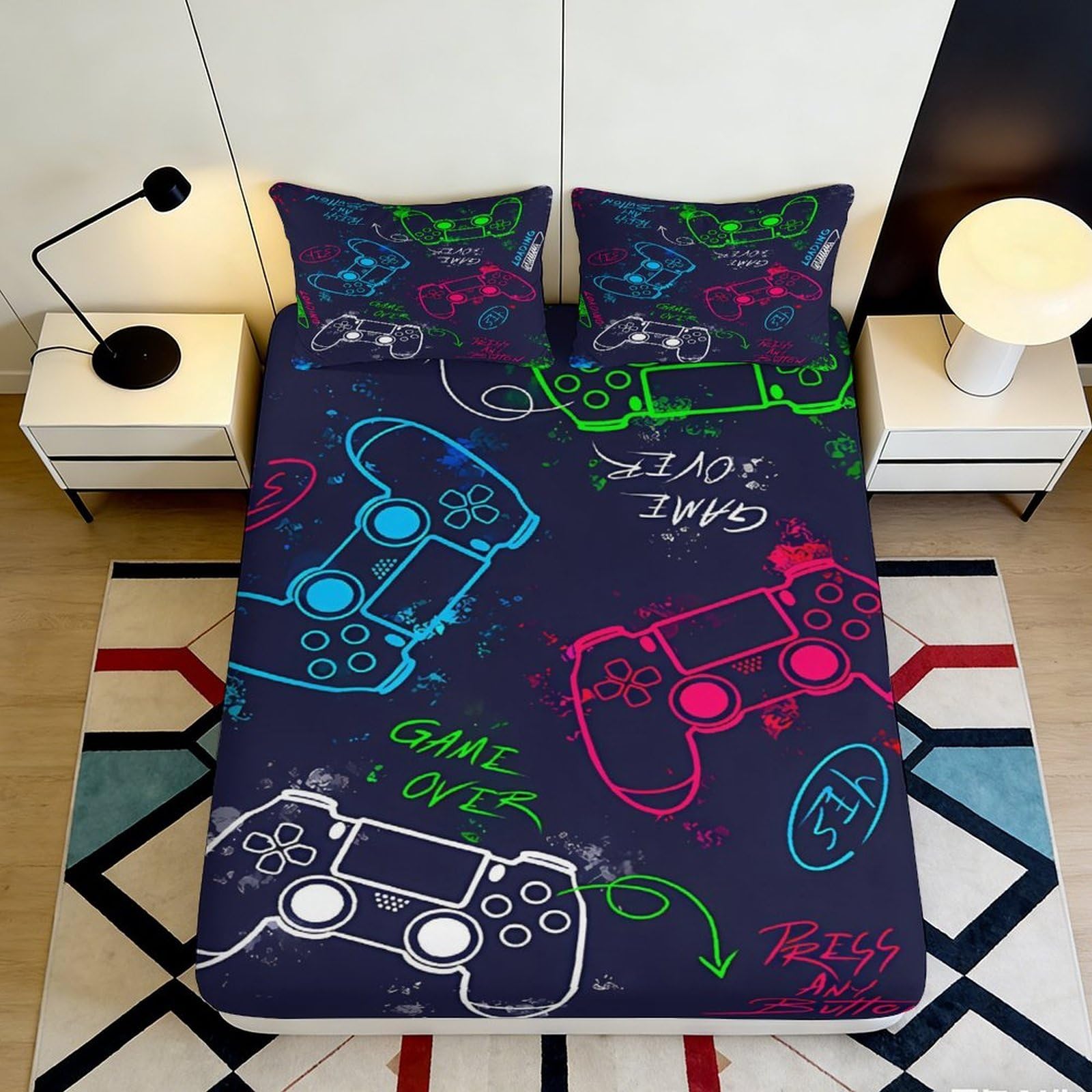 3D Printed Game Controller Fitted Sheet Microfiber Soft Breathable Neon Graffiti Bed Cover for Bedroom Dorm Decor 90x200x25cm