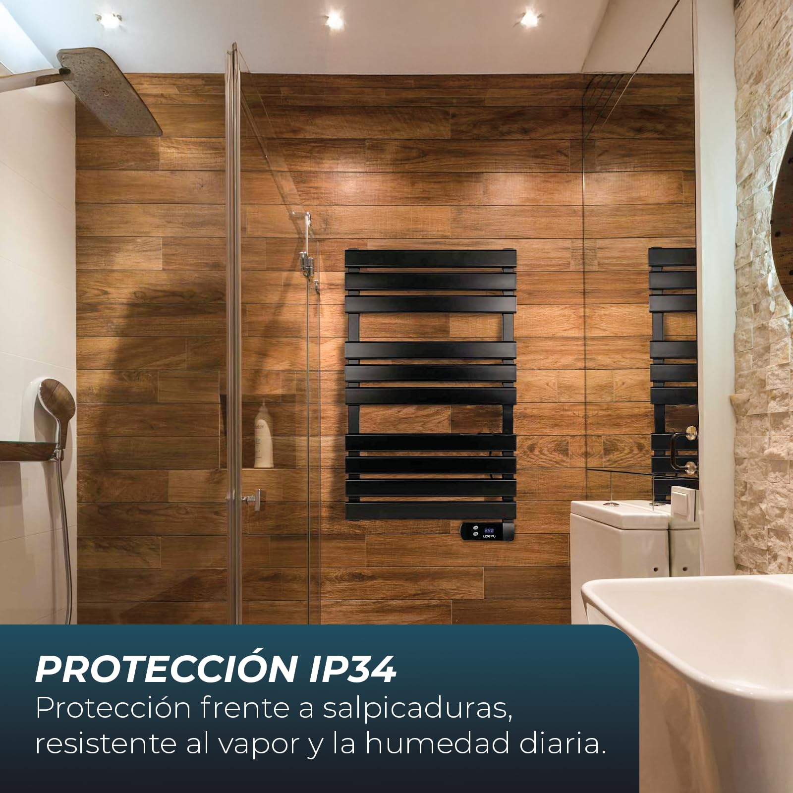 YOEVU | Radiador toallero eléctrico | 500W, Aleación de Aluminio | Temporizador LED, 2 Modos, IP24 | Calienta y Seca Toallas con bajo Consumo | Negro