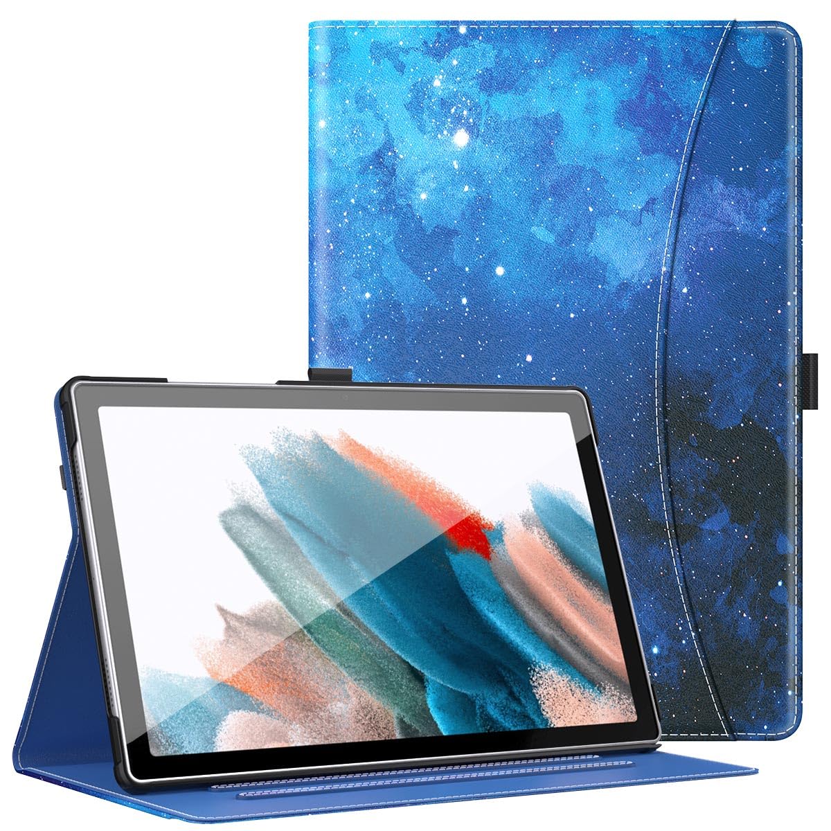 MoKo for Samsung Galaxy Tab A8 Case, Multi-Angle Viewing Smart Stand Cover with Hand Strap, Front Pocket, Auto Wake/Sleep Pour Galaxy Tab A8 10.5-Inch 2022 Model (SM-X200/X205/X207), Blue Starry Sky