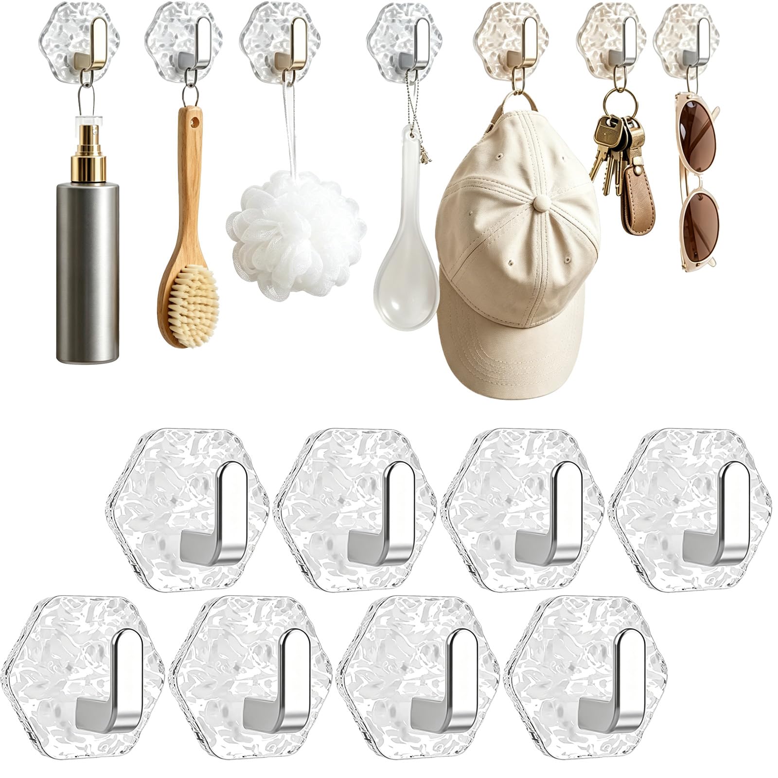 Dawhare Water Ripple Hexagonal Self Adhesive Hooks, Transparent Wall Hanging Luxury Key Hook, Heavy Duty Waterproof Adhesive for Towels, Keys & Home Decor (8silver)